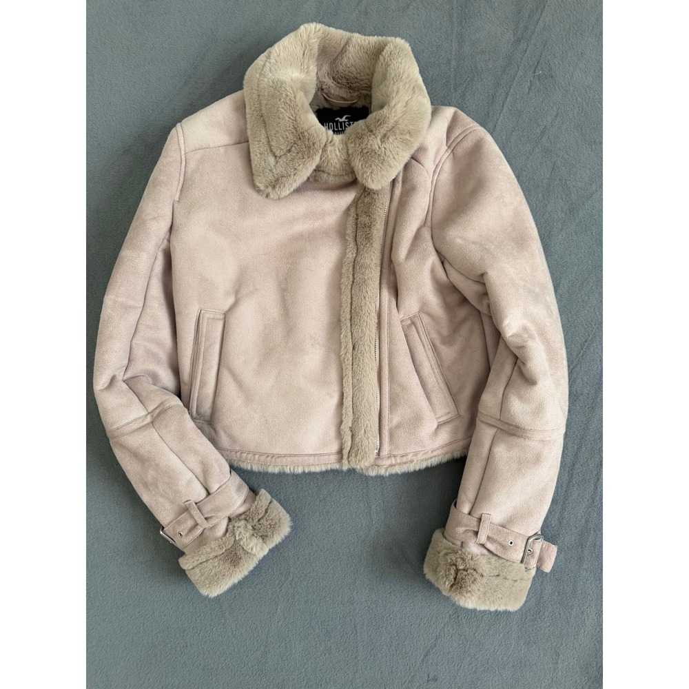 Hollister Womens Faux Suede Fur Lined Aviator Moto Jacket Tan Blush Small